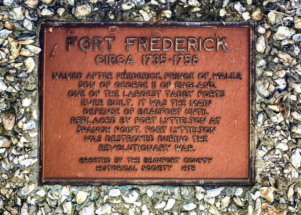 Fort Frederick was built in 1733 by Britain to guard the Beaufort and the Beaufort River. It was used for roughly five years before the troops of the British garrison were transferred to Fort Prince George on the mountainous South Carolina frontier. The fort was later abandoned for Fort Lyttleton. This bronze plaque marks the site at Fort Frederick Heritage Preserve in Port Royal.