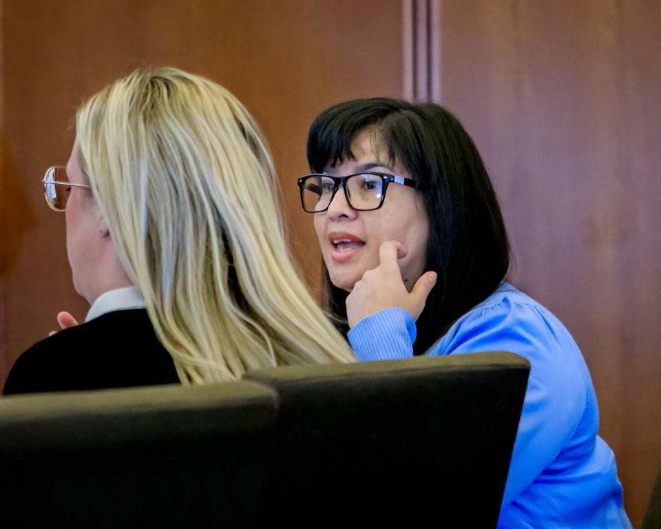 Christine Ricci sits with defense lawyer Moira Barry during the jury empanelment phase of her trial Monday, July 22, 2024.
