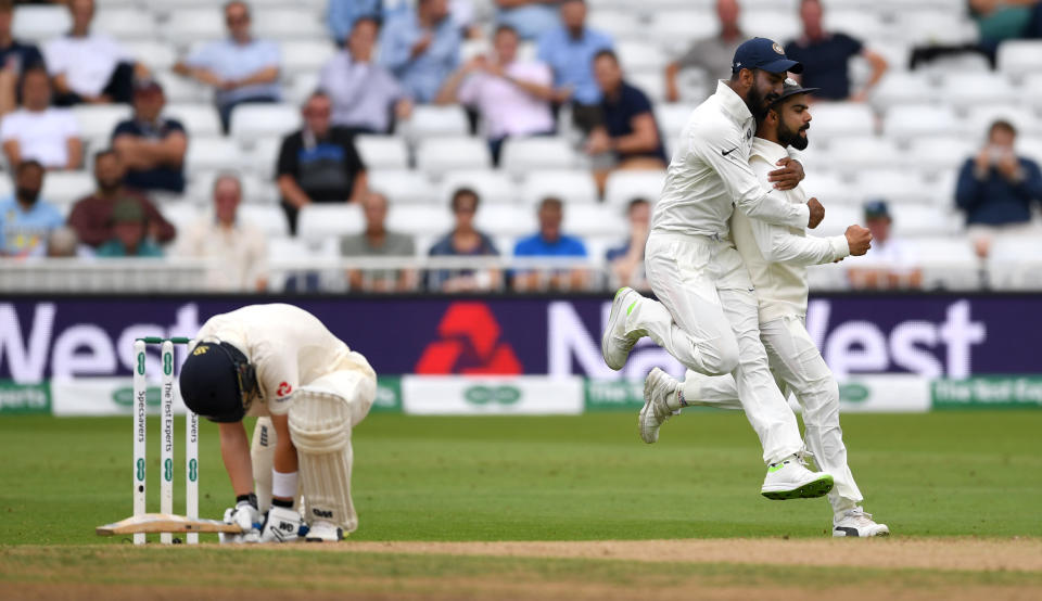 NOTTINGHAM, ENGLAND - AUGUST 21:  Ollie Pope of England reacts after being caught out Virat Kohli of India during day four of the Specsavers 3rd Test match between England and India at Trent Bridge on August 21, 2018 in Nottingham, England.  (Photo by Gareth Copley/Getty Images)