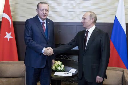 Russia's President Vladimir Putin (R) shakes hands with Turkey's President Tayyip Erdogan during a meeting in Sochi, Russia November 13, 2017. REUTERS/Pavel Golovkin/Pool