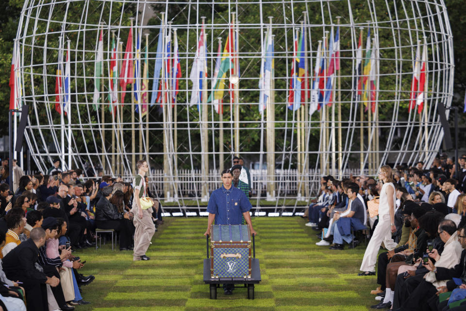 A model wears a creation as part of the Louis Vuitton Spring Summer 2025 collection, that was presented in Paris, Tuesday, June 18, 2024. (Photo by Vianney Le Caer/Invision/AP)