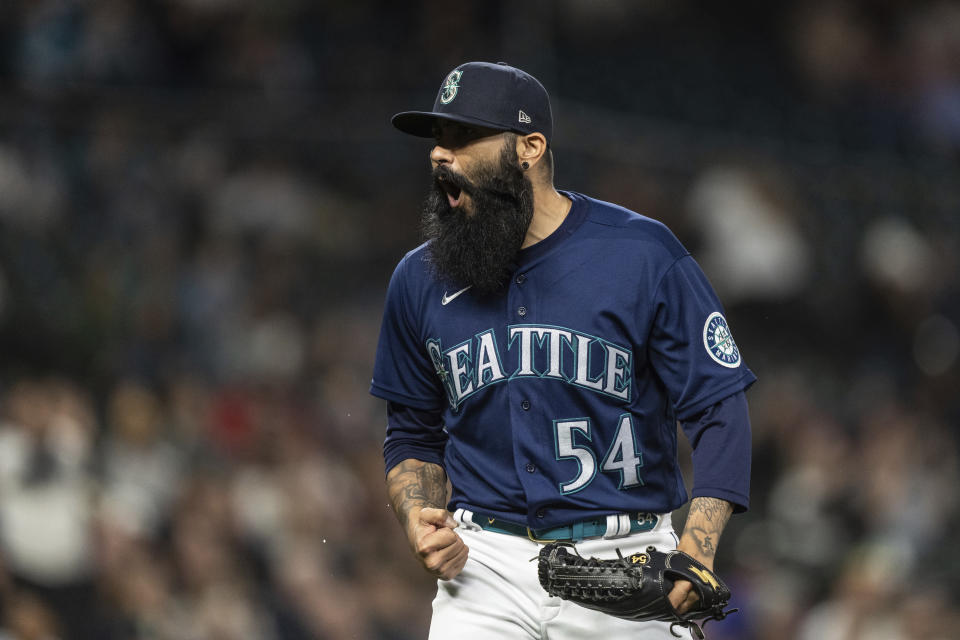 Seattle Mariners relief pitcher Sergio Romo reacts as he walks off the field after pitching in the sixth inning of a baseball game against the Oakland Athletics, Monday, May 23, 2022, in Seattle. (AP Photo/Stephen Brashear)