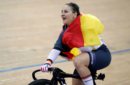 Cycling - UCI Track World Championships - Women's Sprint, Final - Hong Kong, China - 14/4/17 - Germany's Kristina Vogel celebrates after winning gold. REUTERS/Bobby Yip