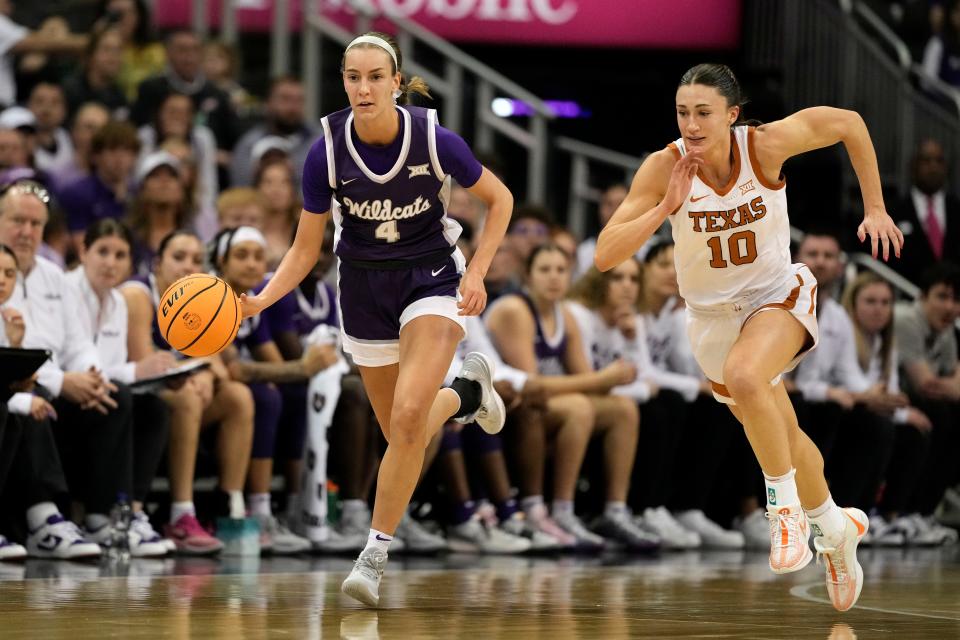 Kansas State guard Serena Sundell (4) is chased by Texas guard Shay Holle (10) during the first half of an NCAA college basketball game Monday, March 11, 2024, in Kansas City, Mo. (AP Photo/Charlie Riedel)