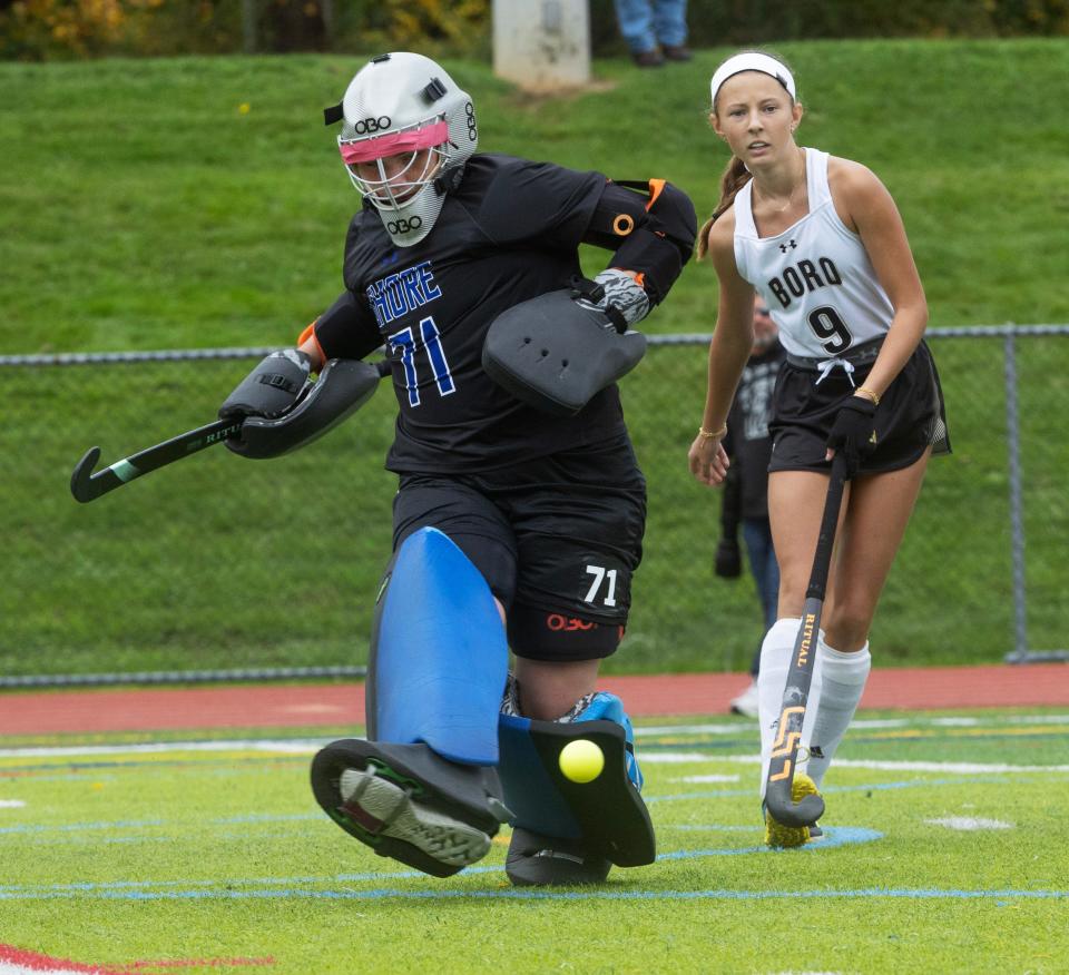 Shore Regional goaltender Teagan Harmon is shown making a save against Point Pleasant Borough in the Shore Conference Tournament championship match.