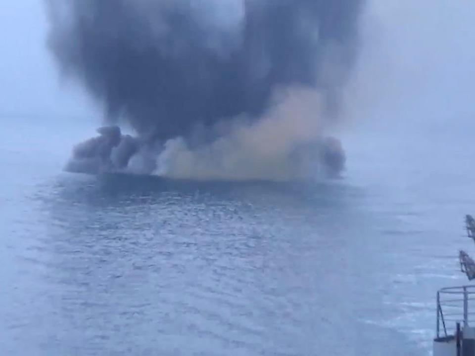 A still image from video, released by Russia's Defence Ministry, shows what it said to be the exploding Ukrainian uncrewed speedboat that attacked the Russian warship Ivan Khurs in the Black Sea near the Bosphorus strait.