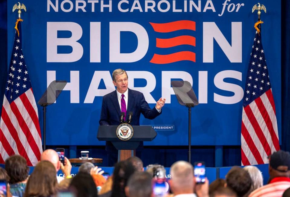 North Carolina Governor Roy Cooper addresses a campaign rally for Vice President Kamala Harris at Westover High School on Thursday, July 18, 2024 in Fayetteville, N.C.
