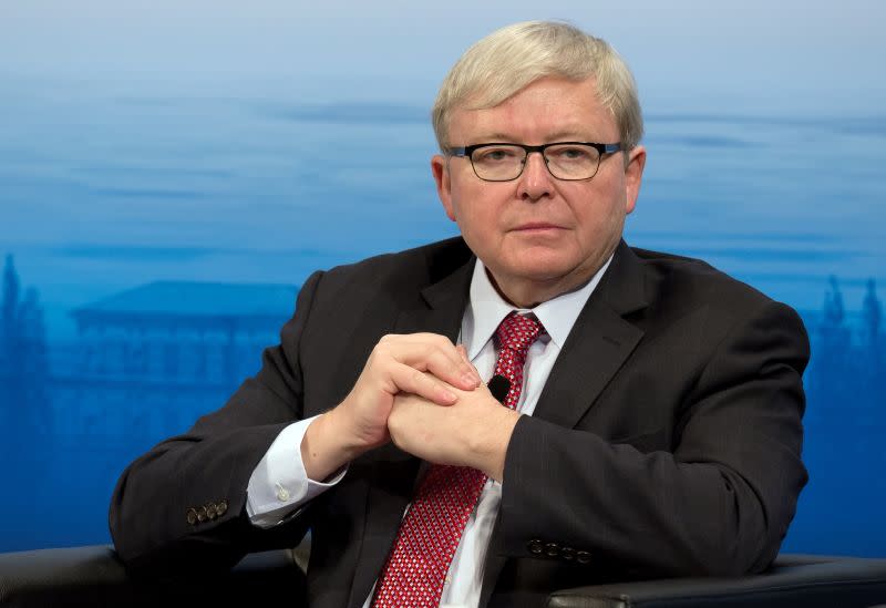 ▲澳洲前總理陸克文（Kevin Rudd）17日出席在新加坡舉行的《彭博創新經濟論壇》時，聲稱美中5年內還不至於因台海問題開戰。資料照。（圖／美聯社／達志影像）