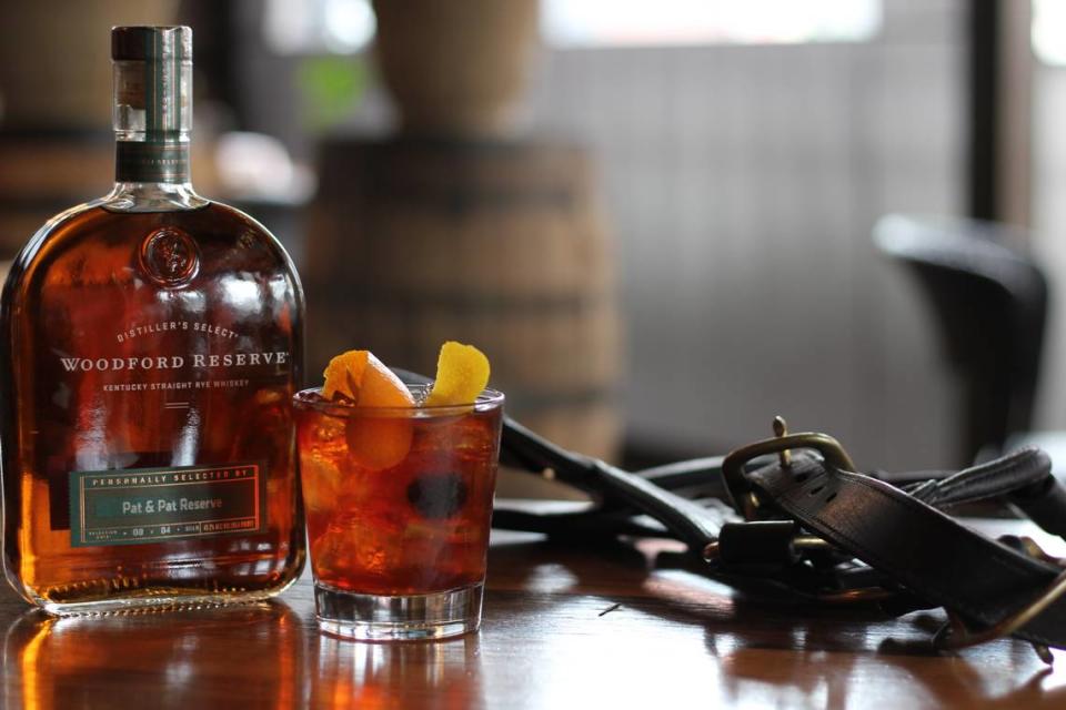 Carson's Food & Drink's Woodford Old Fashioned is made with Carson's Private Barrel Woodford Reserve Rye Whiskey, Bitter Truth Aromatic Bitters, orange bitters, syrup, Luxardo cherry and a twist of lemon and orange.