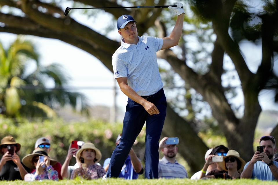 Jordan Spieth plays his shot from the second tee during the second round of the Sony Open golf tournament, Friday, Jan. 13, 2023, at Waialae Country Club in Honolulu. (AP Photo/Matt York)