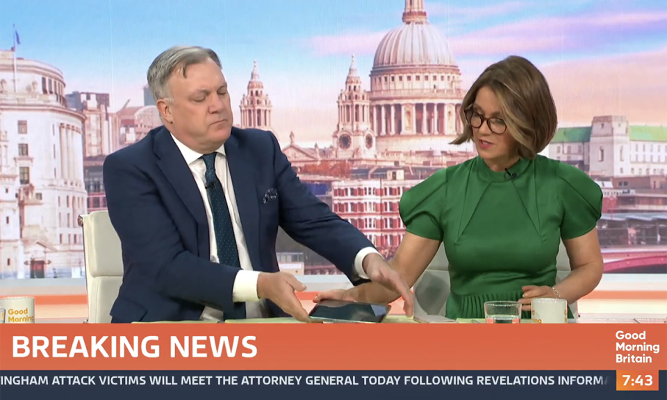 Susanna Reid hands news bulletin about Robin Windsor over to Ed Balls. (ITV screengrab)