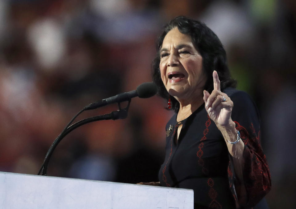 FILE - In this July 28, 2016, file photo, civil rights leader Dolores Huerta speaks during the final day of the Democratic National Convention in Philadelphia. Huerta, a co-founder of the United Farmworkers with Cesar Chavez, is a slated speaker for the 2021 Selma Bridge Crossing Jubilee. (AP Photo/Paul Sancya, File)