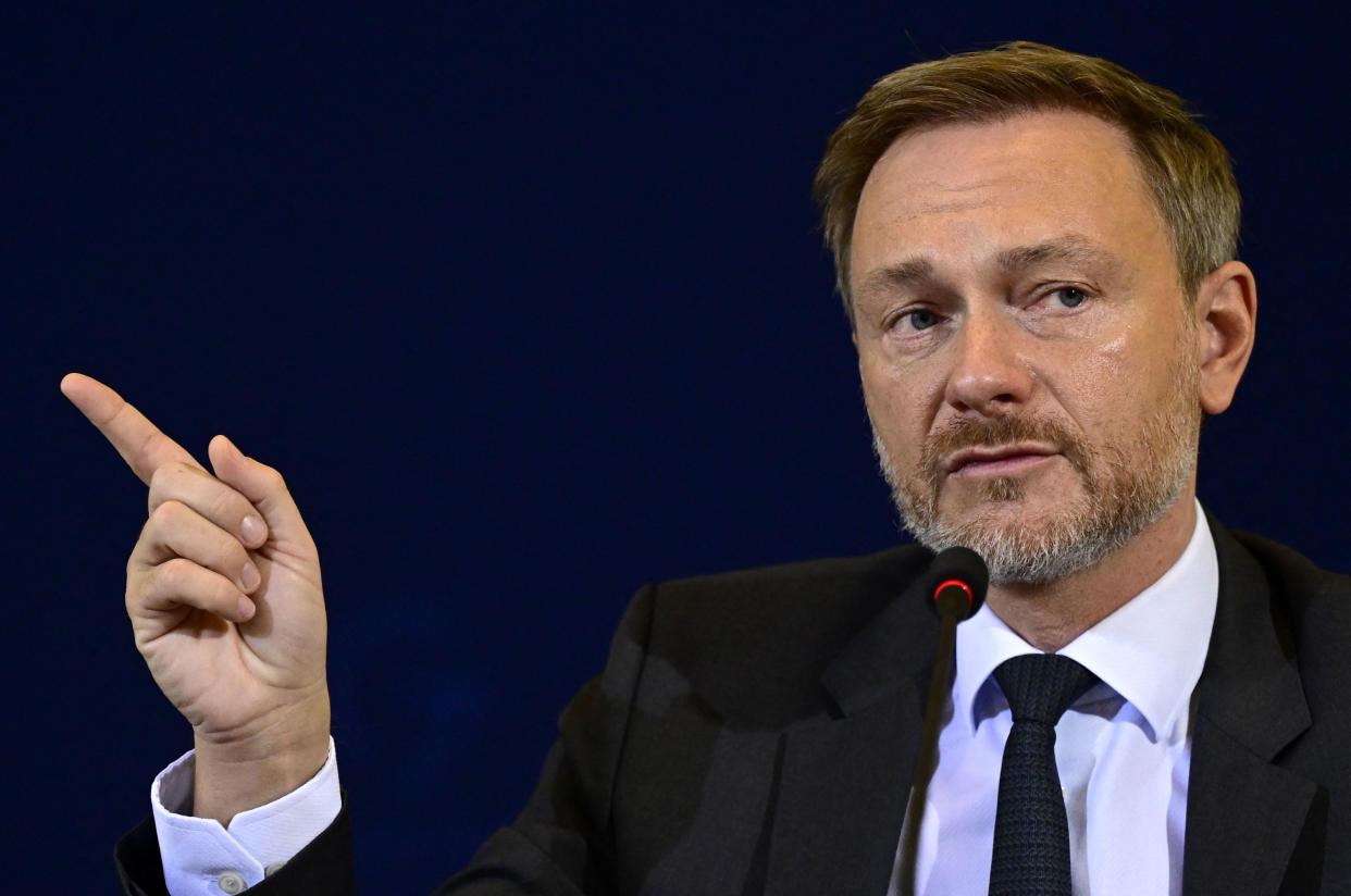 In London, the FTSE fell. German Finance Minister Christian Lindner addresses journalists during a press conference in Berlin on September 21, 2022. (Photo by John MACDOUGALL / AFP) (Photo by JOHN MACDOUGALL/AFP via Getty Images)