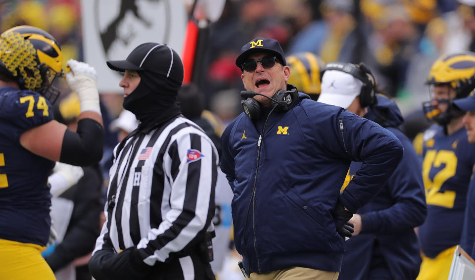 Michigan Wolverines coach Jim Harbaugh reacts to a call during a loss to the Ohio State Buckeyes on Nov. 30, 2019. (Leon Halip/Getty Images)