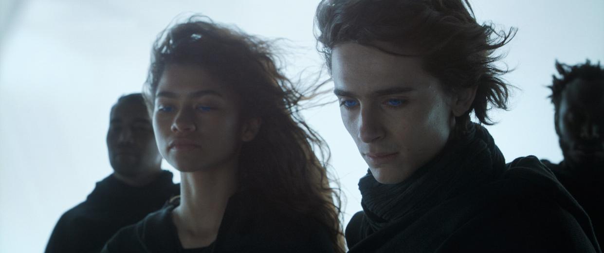 (L-r) ZENDAYA as Chani and TIMOTHÉE CHALAMET as Paul Atreides in Warner Bros. Pictures’ and Legendary Pictures’ action adventure “DUNE,” a Warner Bros. Pictures and Legendary release.