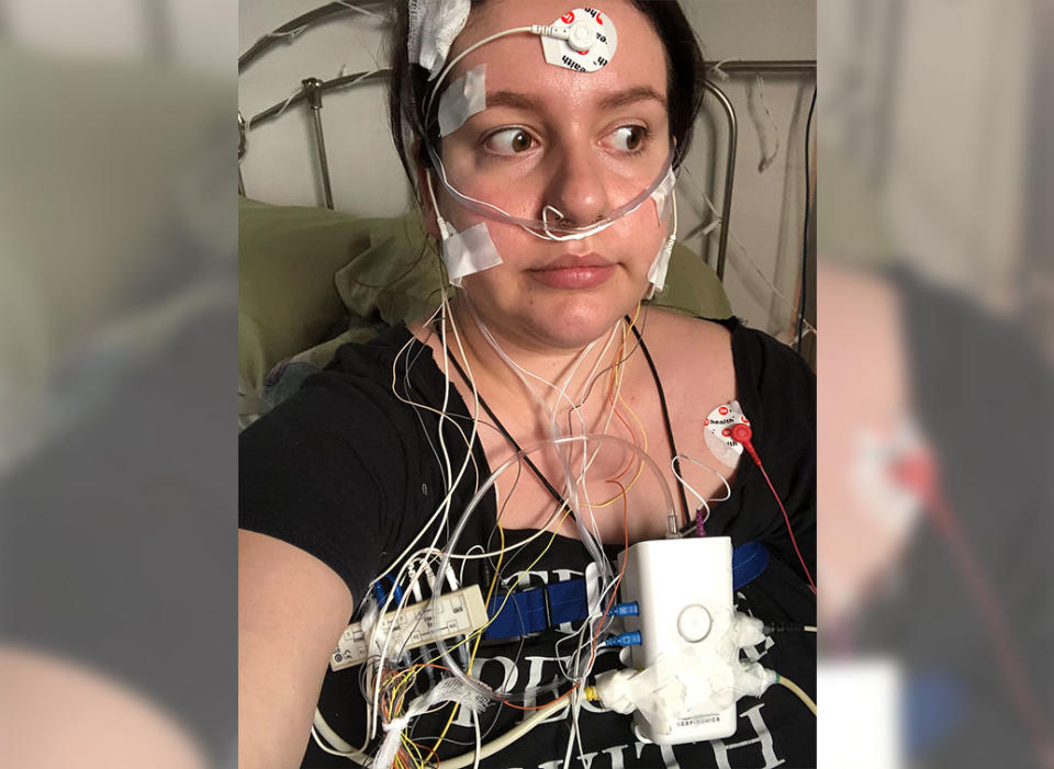 Alex Anastassiou fitted with wires and electrodes which helped determine her sleep apnea diagnosis.