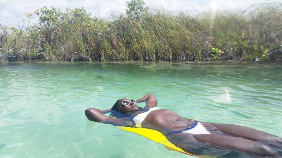 <p>“This is not a pool,” the Mexican-born actress explained of her beautiful locale south of the border. “This is me floating through a natural canal in the Chunyaxche Lagoon. #NatureThouArtMyGoddess.” (Photo: Lupita Nyong’o via Instagram) </p>