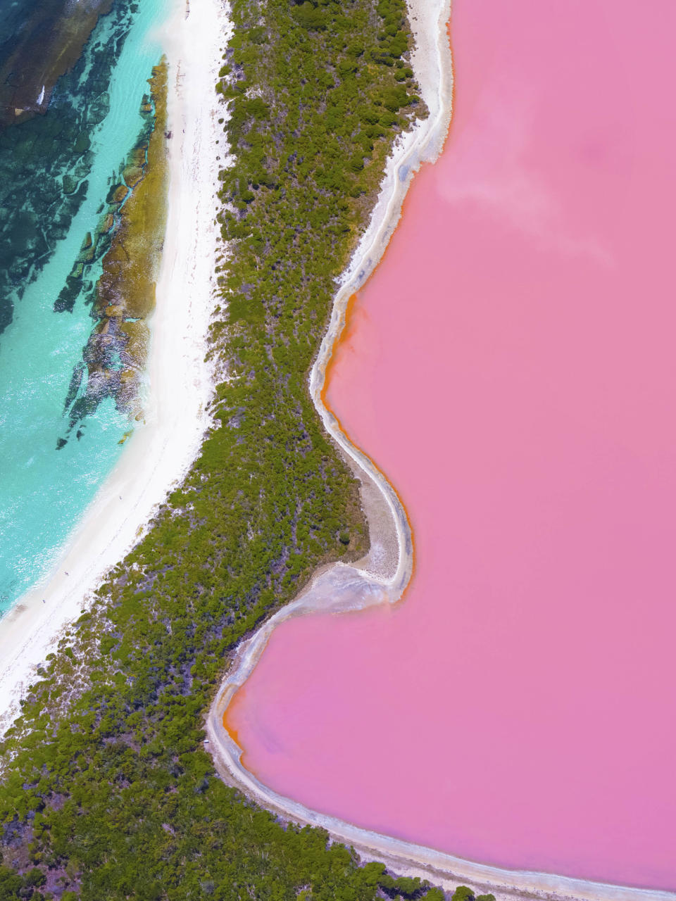 Es wird angenommen, dass die pink Farbe des Sees durch ein seltenes Zusammenspiel von Halogenbakterien verursacht wird. (Bild: Caters)