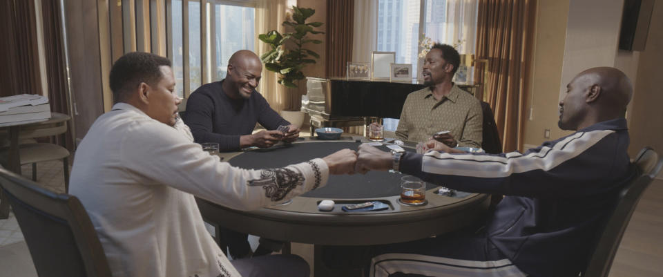 This image released by Peacock shows Terrence Howard, from left, Taye Diggs, Harold Perrineau and Morris Chestnut in a scene from "The Best Man: The Final Chapters." (Peacock via AP)