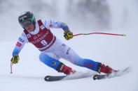 Breezy Johnson, from the United States, skis down the course during the women's World Cup downhill ski race in Lake Louise, Alberta, on Saturday, Dec. 4, 2021. (Frank Gunn/The Canadian Press via AP)