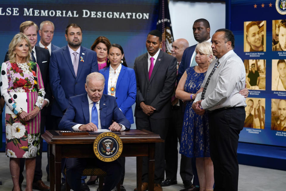 President Joe Biden pauses while speaking before signing the National Pulse Memorial bill into law during an event in the South Court Auditorium on the White House campus, Friday, June 25, 2021, in Washington. (AP Photo/Evan Vucci)