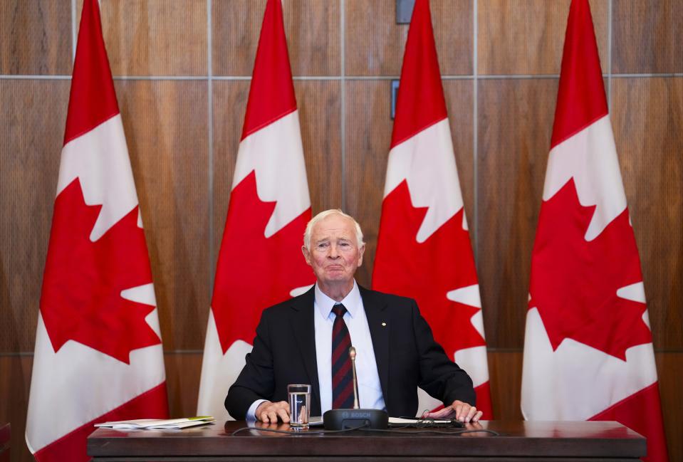 Independent Special Rapporteur on Foreign Interference David Johnston presents his first report in Ottawa, Ontario, on Tuesday, May 23, 2023. Johnston rejected holding a public inquiry into leaked intelligence that alleged China interfered in Canada’s federal elections, drawing allegations of a cover-up from the Conservative opposition. (Sean Kilpatrick/The Canadian Press via AP)