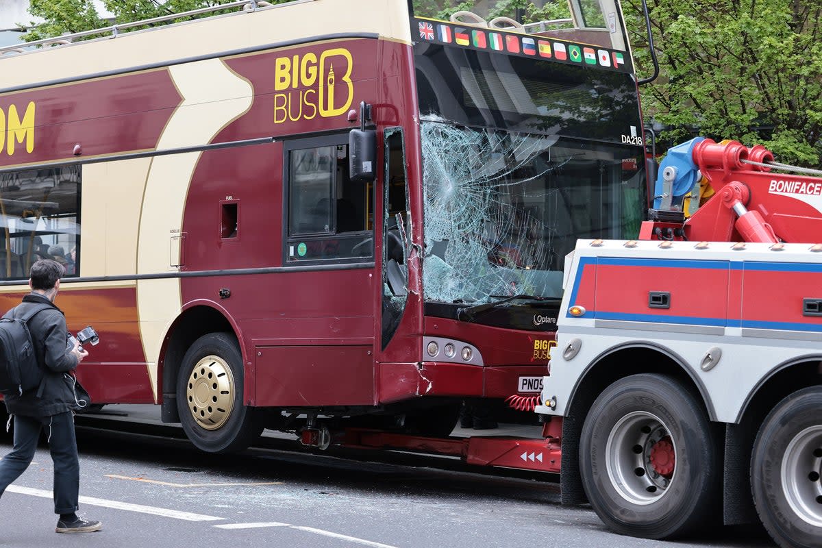 The damaged tour bus after a horse collided with its windscreen (Ben Cawthra/LNP)