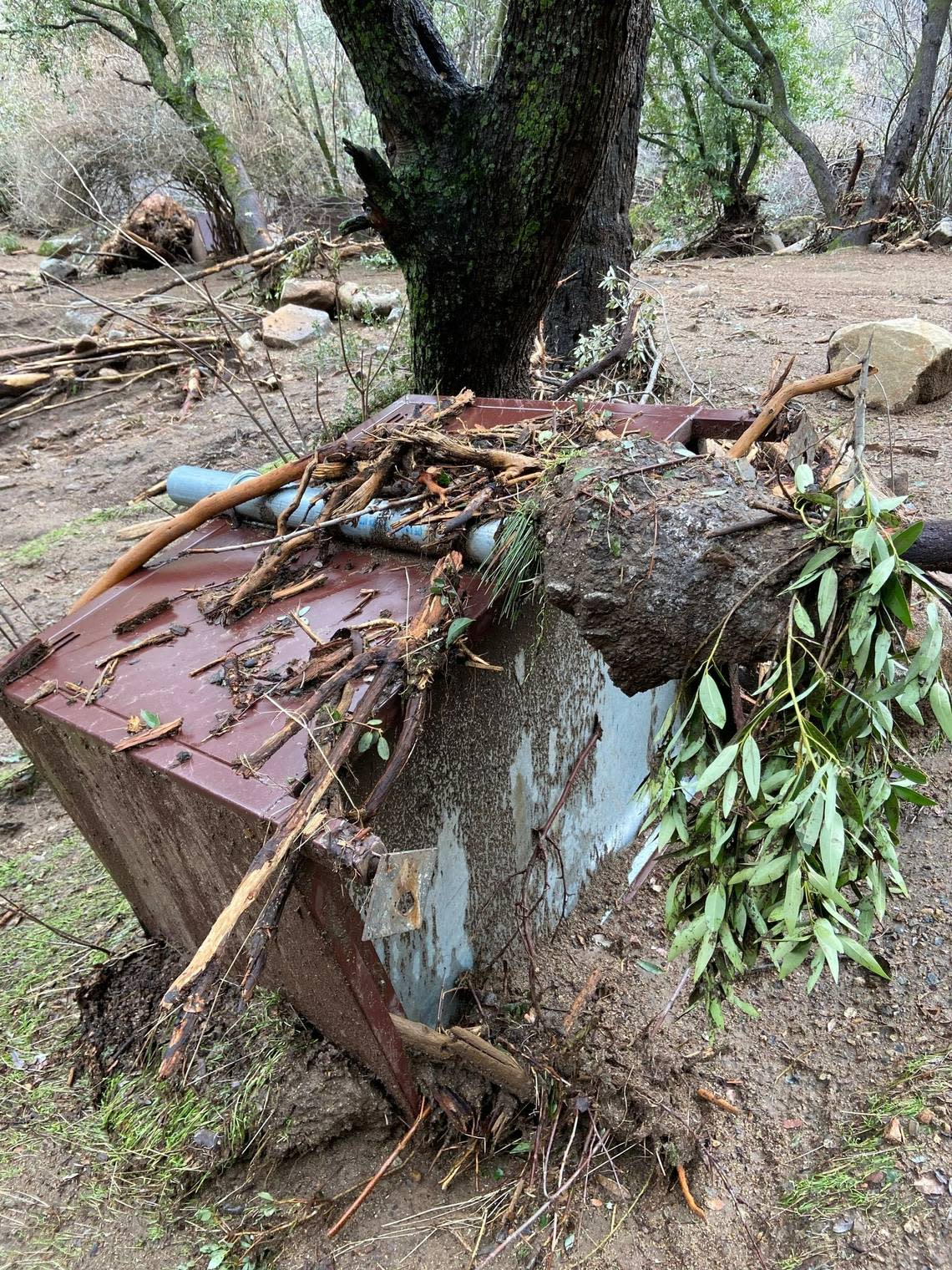 A bear box, with its cement anchor torn from the ground, lays upended at the South Fork Campground in Sequoia National Park following a January 2023 flood.