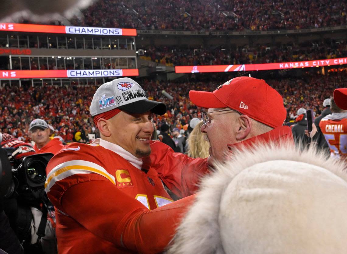 Chiefs quarterback Patrick Mahomes, left, celebrates Sunday night’s AFC Championship Game victory over the Cincinnati Bengals with Kansas City coach Andy Reid at GEHA Field at Arrowhead Stadium.