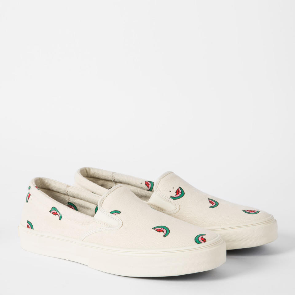 <p><span>What would make a pair of slick, ecru canvas slip-on trainers better?</span></p><p><span>Watermelons. That's what. </span></p><p><em>£110, <a rel="nofollow noopener" href="https://www.paulsmith.com/uk/men-s-ecru-cotton-canvas-trainers-with-watermelon-print.html" target="_blank" data-ylk="slk:paulsmith.co.uk;elm:context_link;itc:0;sec:content-canvas" class="link ">paulsmith.co.uk</a></em></p>