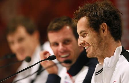 Tennis - Belgium v Great Britain - Davis Cup Final - Flanders Expo, Ghent, Belgium - 29/11/15. Great Britain's Andy Murray laughs with captian Leon Smith during a press conference after winning the Davis Cup. Action Images via Reuters / Jason Cairnduff