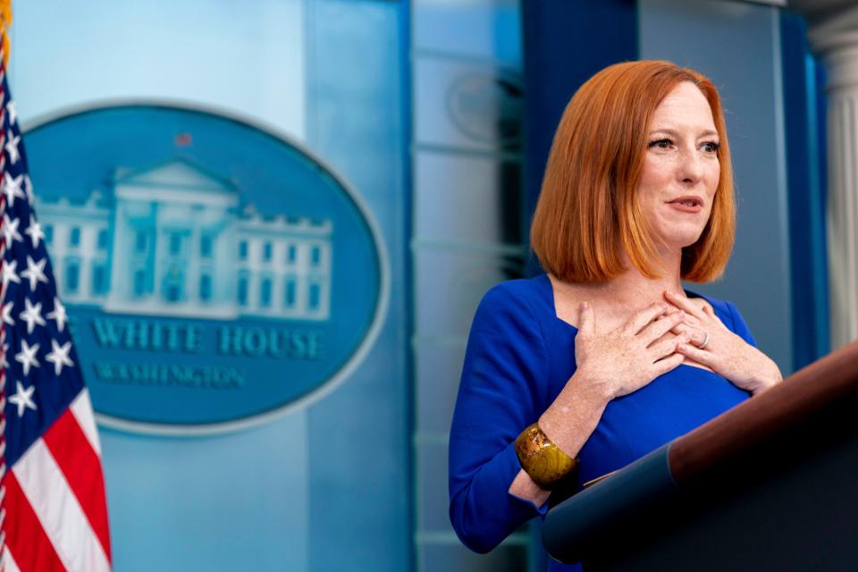 White House press secretary Jen Psaki speaks at her last press briefing at the White House in Washington, Friday, May 13, 2022. (AP Photo/Andrew Harnik)