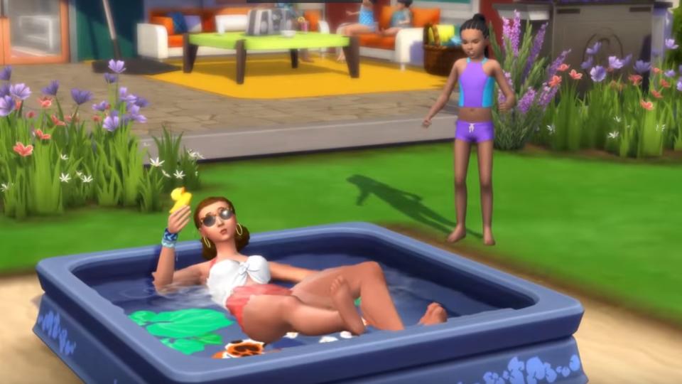 The Sims 4 cheats - a Sim relaxes in a small pool