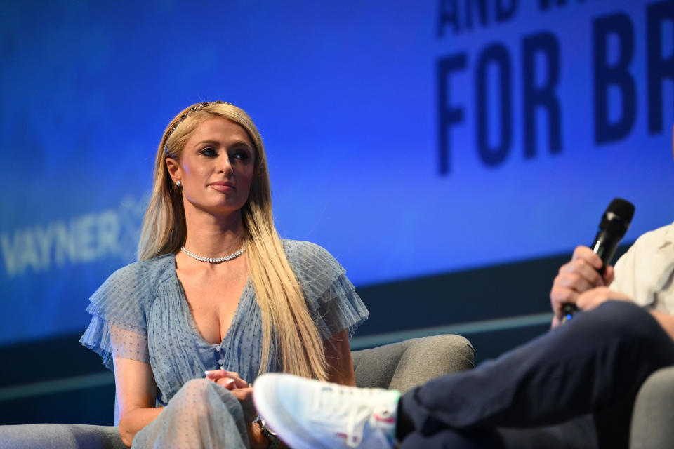 CANNES, FRANCE - JUNE 21: Paris Hilton speaks on stage during The NFT Revolution and What It Means For Brands at the Debussy Theatre, Cannes Lions 2022: Day One on June 20, 2022 in Cannes, France. (Photo by Eamonn M. McCormack/Getty Images for Cannes Lions)