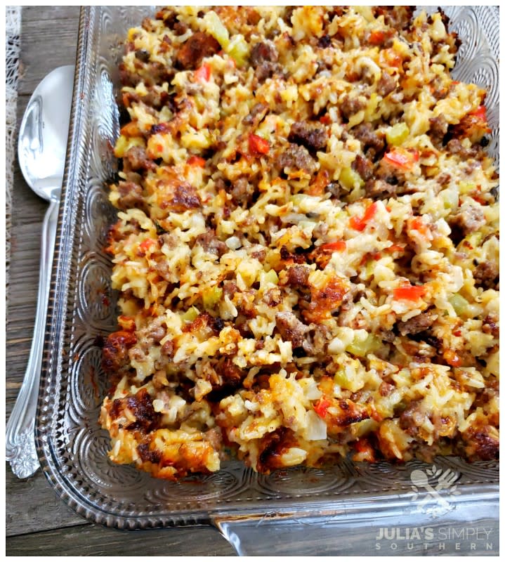 <p>Julia's Simply Southern</p><p>A great casserole as a meal or a side dish!</p><p><strong>Get the recipe</strong>:<strong> <a href="https://juliassimplysouthern.com/2019/11/sausage-and-rice-casserole.html?fbclid=IwAR0IImjY4HNRMfQKMD7bb6O_4Bb_2jxnBVCgNW56922NLGI_78wwlL6_x6M" rel="nofollow noopener" target="_blank" data-ylk="slk:Sausage and Rice Casserole;elm:context_link;itc:0;sec:content-canvas" class="link ">Sausage and Rice Casserole</a></strong></p>