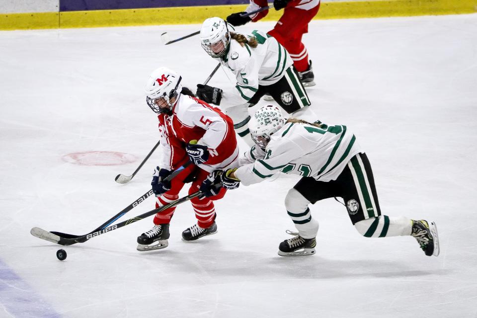 Milton's Grace Analetto handles the puck during the Sweet 16 game against Canton in the Div. 2 state tournament at Canton Ice House on Saturday, March 4, 2023.