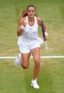 <p>Maria Sakkari of Greece celebrates during the Ladies Singles second round match against Venus Williams of The United States on day four of the Wimbledon Lawn Tennis Championships at the All England Lawn Tennis and Croquet Club on June 30, 2016 in London, England. (Photo by Shaun Botterill/Getty Images)</p>