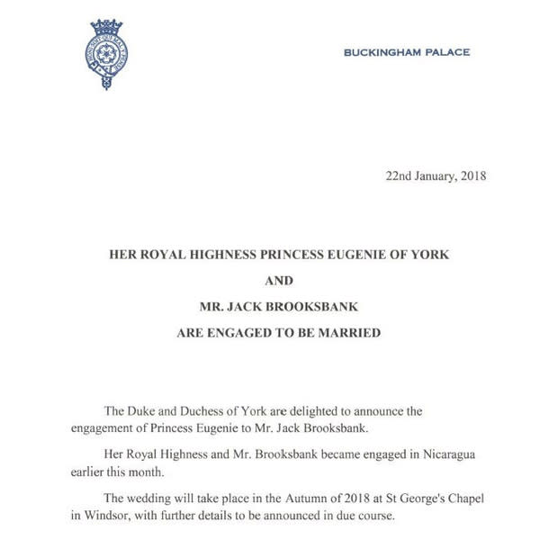 Princess Eugenie and Jack Brooksbank wedding engagement announcement in Buckingham Palace letter