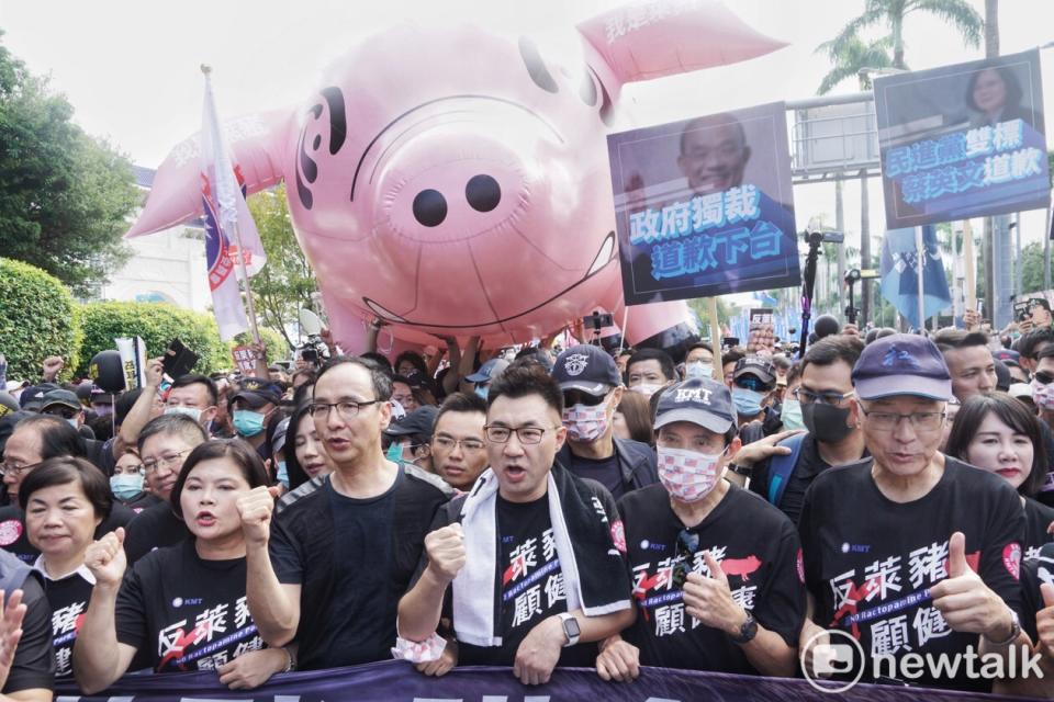 國民黨人士日前參與秋鬥大遊行，反對美豬進口。   圖：張良一/攝