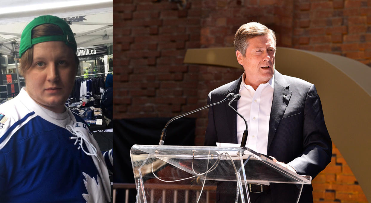 The Leafs fan that uttered the slur at CTV reporter Miranda Anthistle recently and Toronto Mayor John Tory. (Twitter//@Mirandanthistle and Getty Images)