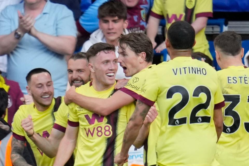 Burnley's Dara O'Shea, third left (2),celebrates with teammates after scoring (AP)