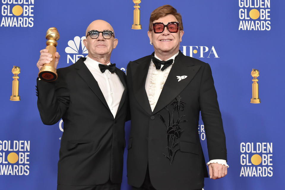 Bernie Taupin and Elton John attend the 77th Golden Globes Awards on January 05, 2020. (Photo by David Crotty/Patrick McMullan via Getty Images)