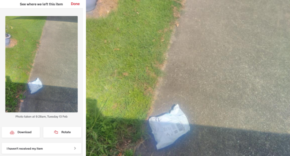 The alert from from the Australia Post (left) and a photo of the parcel left on the footpath (right).