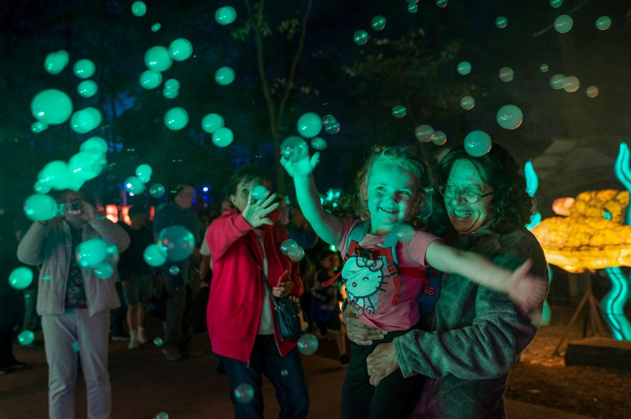 Nessie Hinkley, 3, of Howard City, gets an assist from her grandma Rosie Troutman, 60, of Kent City, as mist-filled bubbles shoot into the air during the Grand Rapids Lantern Festival at the John Ball Zoo on Wednesday, May 8, 2024.