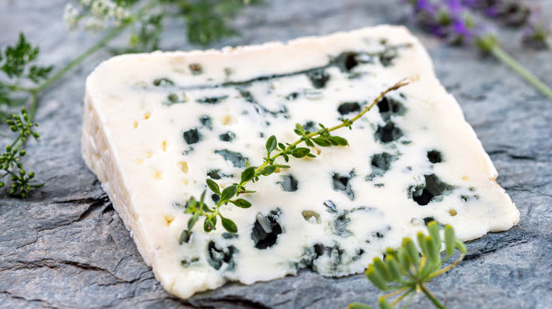 Wedge of Roquefort cheese on stone 