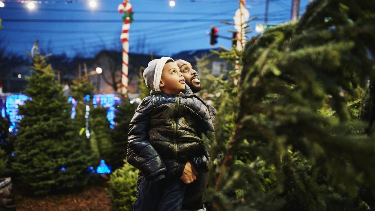 father lifting up son while shopping for christmas trees