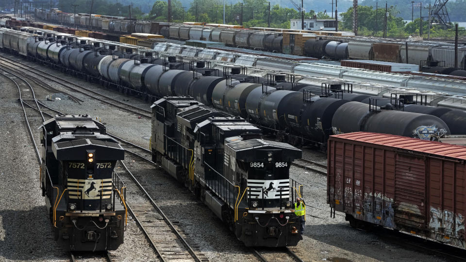 Norfolk Southern locomotives are moved in Norfolk Southern's Conway Terminal in Conway, Pa., Saturday, June 17, 2023. Spurred on by train derailments, some states with busy criss-crossing freight railroads are pursuing their own safety remedies rather than wait for federal action amid industry opposition and questions about whether they even have authority to make the changes. (AP Photo/Gene J. Puskar)