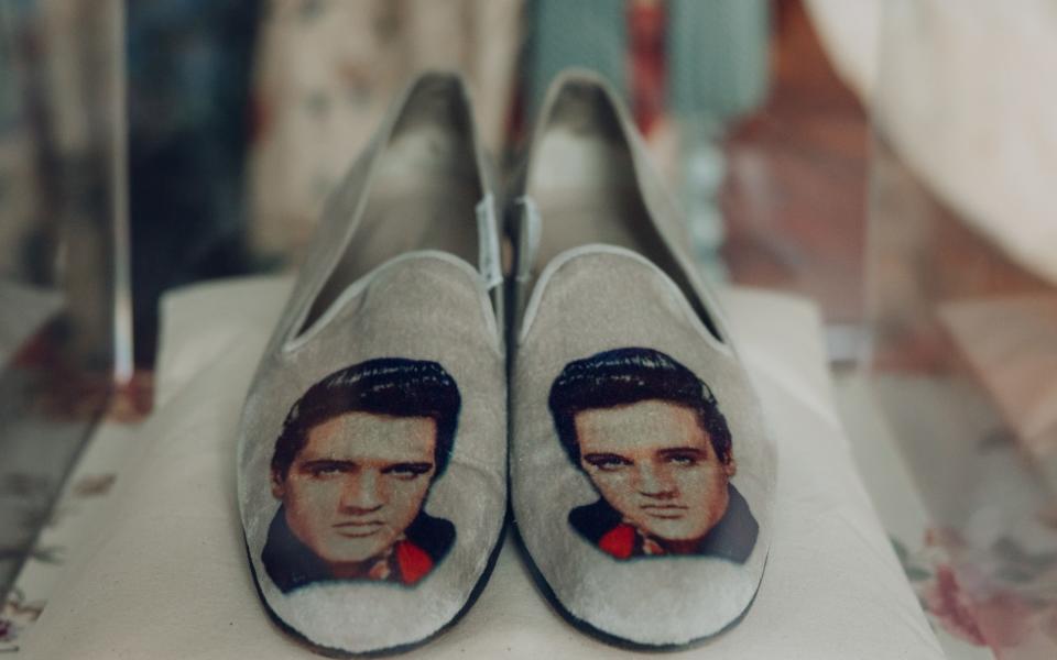 Deborah Mitford's velvet slippers, embossed with Elvis's face