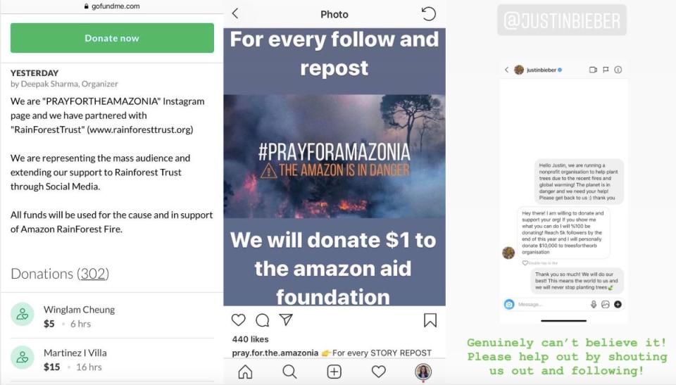 Left: People donate to a fraudulent GoFundMe campaign that was promoted on Instagram. Middle: An Instagram scammer account pledges donations for follows and reposts. Right: An Instagram post purports to show a message of support from Justin Bieber. (Photo: Left to right: GoFundMe; Instagram; Instagram)