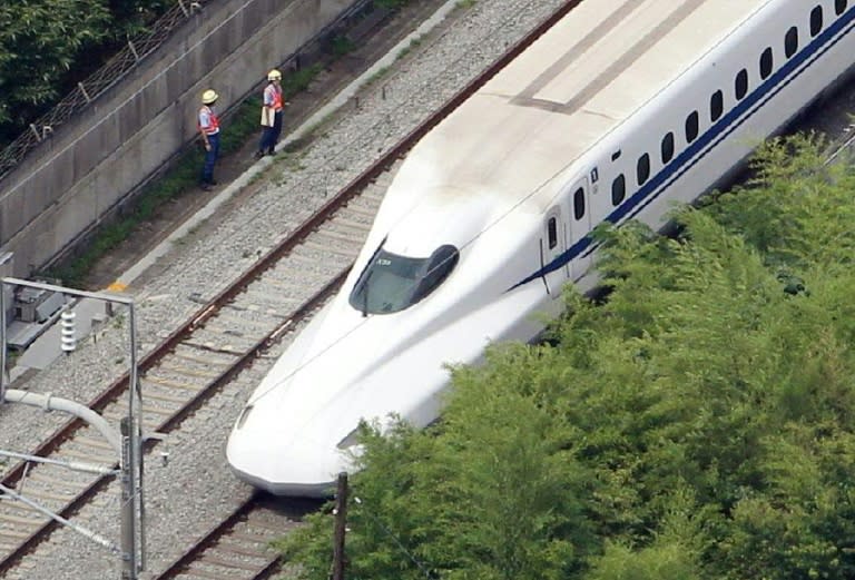 The bullet train stops near Odawara station after an apparent suicide attempt by one pf the passengers on June 30, 2015